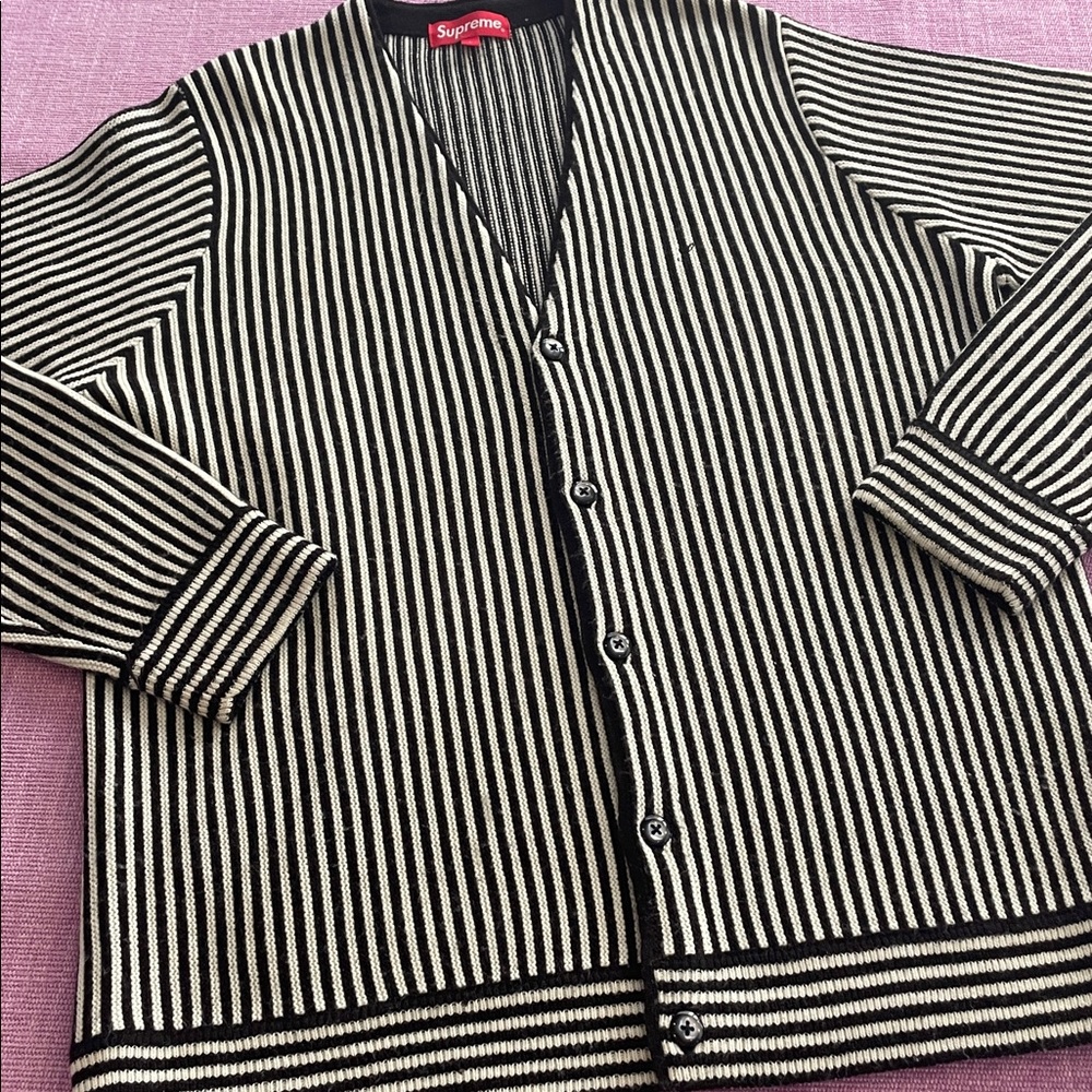 Supreme Black and White striped cardigan. Gently used.